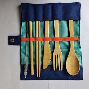 6 sztuk / zestaw bambusowe sztućce Zestaw przenośne drewniane flatware zestaw japoński nóż łyżka widelec słomy chopstick tkaniny torba podróż zestaw wielokrotnego użytku