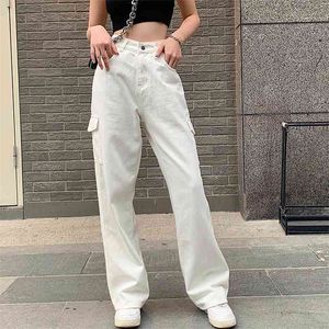 Nclagen kvinnor mode casual jeans vitblå hög midja lösa ficklast byxor overalls elegant bred ben byxa vintage 210925
