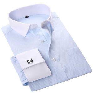Frankrike manschettknappar vit krage smoking skjorta mens formell långärmad manlig klänning skjorta Social tryckt modekvalitet med fickan 210628