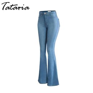 1 Jeans a zampa a vita alta primaverili Donna Vintage Zipper Pantaloni skinny in denim da donna Gamba larga svasata 210514