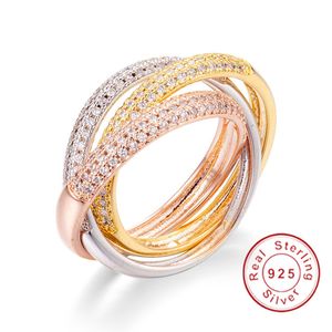 Triple Circles Gold / Rose Gold / Silver Three Colors Luksusowy Biżuteria 925 Silver Pave Diament Kobiety Wedding Finger Pierścienie