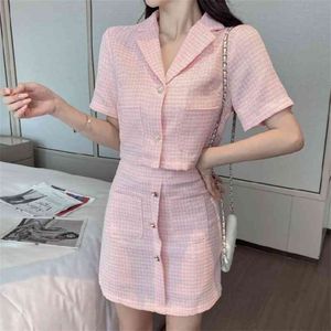 Sommer Zweiteilige Sets Vintage Frauen Süße Rosa Tweed Kurzarm Crop Top + Mini A-Linie Rock Outfits Weibliche 210519