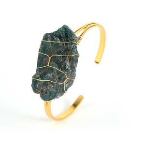 Handmade Copper Wire Wrap Irregular Original Natural Blue Apatite Tiger Eye Stone Cuff Bracelet Open Bangles for Women Gold Q0719