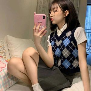 Diamant knit t-shirt japanska jk kawaii college ins koreanska mode casual tees slim söt ulzzang y2k ärmlös kvinna kläder 210608