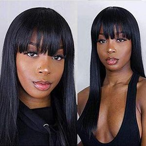 Black Women's Long Straight Lace Front Wig Brazilian Virgin Heat Resistant Synthetic Hair Wig with Neat Bangs No Glue Machine Made