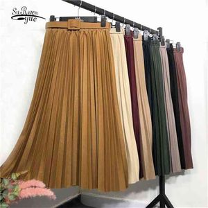 9 Colors Solid Belted Pleated High Waist Casual Vintage Women Skirt Lady Elegant Simple Midi Skirts Mujer Faldas Fashion 12170 210510