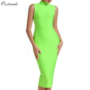 Ocstrade rayon vestidos bandage sexig sommar ankomst kvinnor hög nacke neon grön klänning midi bodycon party 210527