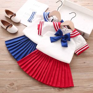 LZH 2021 Summer Baby Girls Clothes Suit Short Sleeve T-Shirt+Skirt 2Pcs Sets Children Clothing Kids Navy Style School Uniform X0902