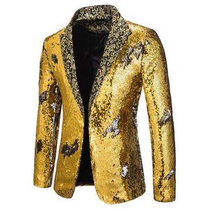 Luxury Gold Cekiny Glitter Jacket Mężczyźni Slim Fit Notched Lapel Blazer Kurtka Mężczyzna Klub nocny Segregatory Blazers Costume Homme 211120