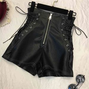 Bandage Lace-up Shorts Womens Sexig Mini Black Hight Waist Wide Ben Brouser PU Läder Kvinna 210601