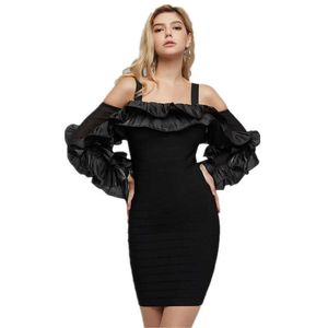 Vestidos Kvinnor Sexig Fashion Full Sleeve Off The Shoulder Black Bandage Dress Ladies Designer Celebrity Party Vestido 210527
