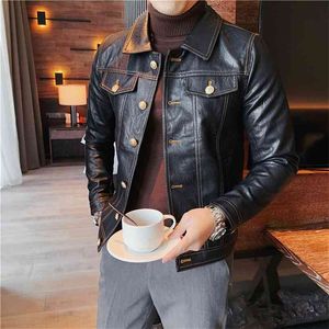 Högkvalitativ Autumn Winter Korean Slim Fit Single Breasted Släng ner krage Motorcykel PU LÄDER JACKE MEN KLÄDER 210923