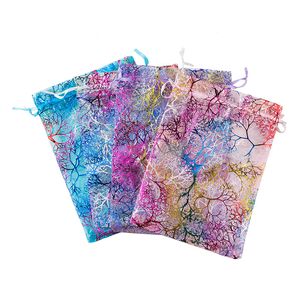 Coralline Organza Coulisse Borsa per imballaggio gioielli Sacchetti Caramelle per feste Bomboniere Sacchetti regalo Design Trasparente con motivo dorato 7 * 9 cm