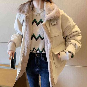 Lucyever tjocka kvinnors vinterjacka Koreanskt Loose All-Match Corduroy Coat för kvinnor Oversize Casual Zipper Warm Plush Overcoat 211221