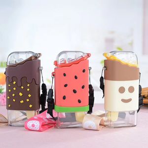 Sommer süße Donut-Eis-Wasserflasche mit Strohhalm, kreative quadratische Wassermelonen-Tasse, tragbar, auslaufsicher, Tritan