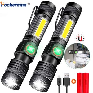 8000LM USB Rechargeable Flashlight Super Bright Magnetic LED Torch with Cob Sidelight a pocket clip Zoomable for Camping 210322
