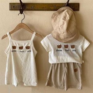 Summer Cute Print Bear Baby Clothes Cotton born Sleeveless Romper Children Tops Shorts Suit Boys Set Girls Outfit 211011