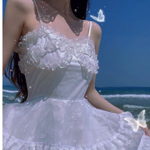 Fashion Beach Square Collar Lace Robe Sling Irregular Seaside White All-match Midi Dress Women Summer 16W1452 210510