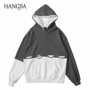 Colorblock Hip Hop Two Hoody Hoodies Streetwear Patchwork Sweatshirt Hoodie Punk Ripped Hooded Hoodies Men Long Sleeve C0607