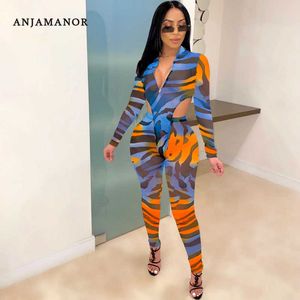 ANJAMANOR Fashion Print Sheer Mesh Two Piece Sets Sexy Club Outfits Long Sleeve High Cut Bodysuit Leggings Matching Sets D42AD19 Y0625