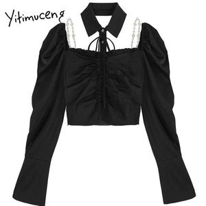 Yitimuceng Backless Bow Lace Up Blouse Women Solid Black Spring Puff Sleeve Square Collar French Fashion Clothes Tops 210601