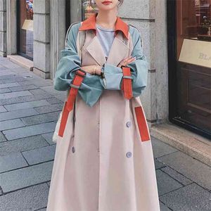 [EWQ] Весна осенью новых длинных рукавов дамы ветровка сшивание контрастный цвет отворота моды двубортный пальто женщин 210423