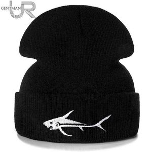 New Shark Embroidery Casual Winter Hats For Men Women Warm Knitted Hat Solid Color Streetwear Beanie Hat Unisex Ski Hat Y21111