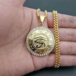 Egyptian The Eye of Horus Pendant Women/Men Gold Color Stainless Steel Evil Eyes Necklace Egypt Round Jewelry