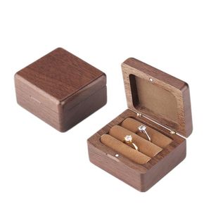 Jewelry Pouches Bags Genuine Walnut Wood Luxury Double Ring Box For Wedding Engagement Portable Small Gift Case With Magnetic Closure