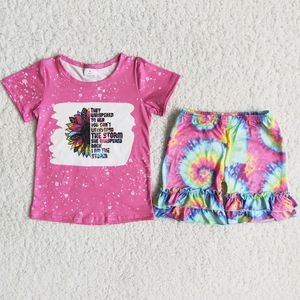 Wholesale Kids Clothing Sets Milk Silk Fashion Baby Girls Clothes Summer Rainbow Print Short Sleeve Tee Shirt Ruffle Shorts Outfits 2pcs Tie Dye Children Outfit