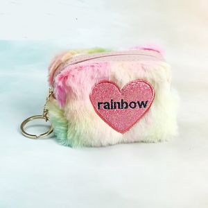 3pcs Coin Purses Women Plush Rainbow Embroidery Half Square Small Wallets