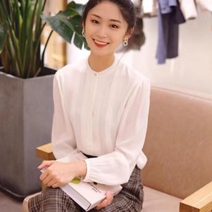 Damesjassen IC WO Hoge kwaliteit Mode Elegante Ghost Crepe Silk Shirt Mulberry Geplooide Lange Mouw