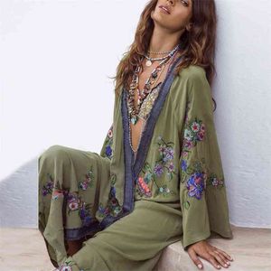 Teelynn Long Boho Cardigan Light Green Floral Haft Beach Bikini Cover Up Kaftan Kimono Robe Lato Luźne Kobiety Bluzki 210722