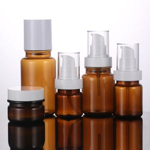 Luxury Amber Pet Plastic Spray Bottle Lotion Pump Flaskor Kosmetisk burk med vita lock (BPA Free) för aromaterapi serumkräm