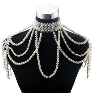 Florosy Long Bead Chain Chunky Simulated Pearl Body Jewelry for Women Costume Choker Pendant Statement Necklace