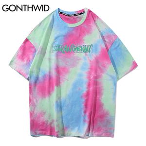 GONTHWID Tie Dye Magliette Camicie Streetwear Hip Hop Graffiti Stampa Magliette a maniche corte Uomo Harajuku Pantaloni a vita bassa Casual Magliette e camicette Moda Y0322