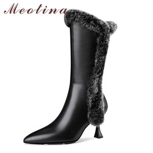Meotina Women Mid Calf Stövlar Skor Real Leather High Heel Zip Fashion Boots Pekade Toe Stiletto Heels Kanin Fur Lady Boots 42 210520