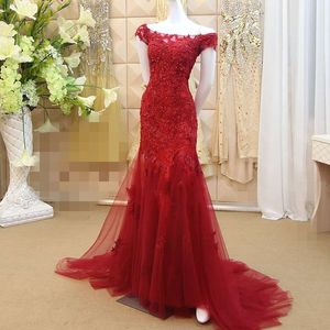 New Red Lace Mermaid Prom Dresses Veatidos Off Shoulder Beaded Appliques Tulle Full Length Long African Evening Gowns Formal Party Wear 328 328