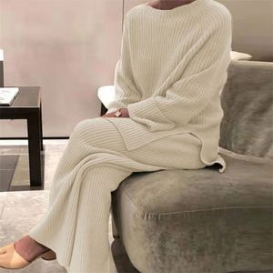 Женская домашняя одежда Pajama костюм элегантный сплошной дом зима повседневная мягкая двух частей набор леди о-шеи пуловерные топы + широкие ножки 2111215