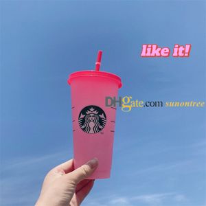 Wholesale flat coffee for sale - Group buy Starbucks Mugs Color Change Cup Tumblers oz ml Plastic Mug Reusable Clear Drinking Flat Bottom Pillar Shape with Lid Straw Coffee Tea Cups