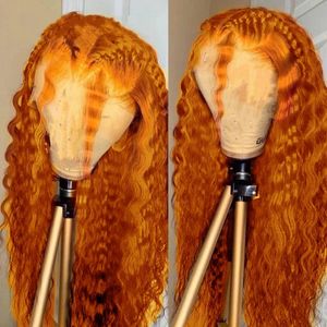 Ginger Orange Curly Lace Front Syntetisk Wig Deep Wave Transparent Pre Plucked BLEACHED KNOTS Pärlor för kvinnor