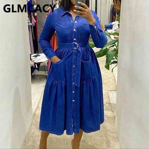 Kobiety skręć w dół przyciski kołnierz DENIM Plus Size Classy Pocket Midi Sukienki 210702