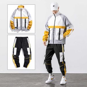 2021 giacca da lavoro Hip Hop giacca da tuta da uomo + pantaloni 2 pezzi set da baseball nastri con cerniera allentati cappotto pantaloni lunghi abbigliamento da uomo Y0831