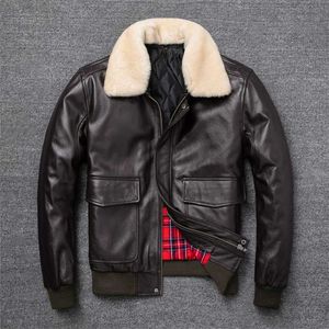 Flygvapen Flight Jacket Fur Collar Genuine Top Layer Cow Leather Jacket Män Svart och Brun Cow Coat Winter Bomber Jacka 211111