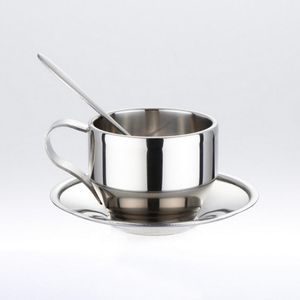 High Quality Stainless Steel Coffee Cup Saucer Spoon Set Tea Double Wall Cups & Saucers