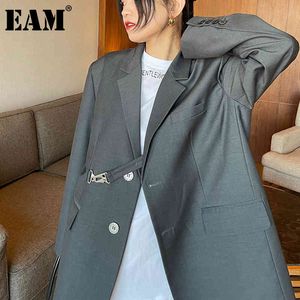 [EAM] Kobiety Szary Wielki rozmiar Klamra Blazer Lapel Z Długim Rękawem Loose Fit Kurtka Moda Wiosna Jesień 1DD643602 21512