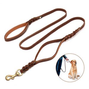 Hundkrafter Leasher Focuspet Läder Leash Dubbelhandtag 5,7 ft Walking Training Leads Rope för små medelstora stora hundar bruna