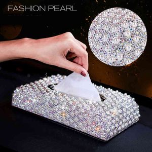 Luxury Pearls Car Tissue Box Crystal Diamond Block type Tissue Boxes Holder for Women Paper Towel Cover Case Car Styling 210326250N