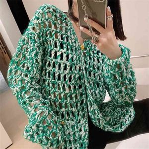 Green hollow hand-woven round neck jacket women summer fashion knitted cardigan women's clothing 210520