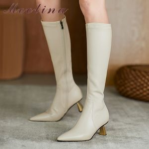 Real Leather Knee High Boots Heel Woman Zip Strange Style Skor Pekade Toe Kvinna Long Beige 40 210517
